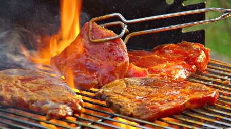 grilled food - tongs, steak, flame, food, meat