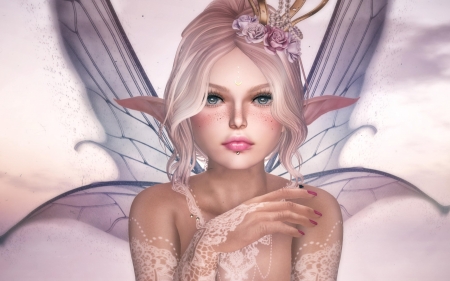 Fairy - woman, beauty, rendering, girl, wings, frumusete, hand, luminos, pink, blue, fairy