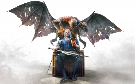 The Witcher - game, sword, man, fantasy, blood and wine, white, wild hunt, the witcher, wings, demon