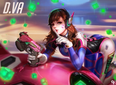 D.Va - game, blue, gun, girl, liang xing, pink, d va, fantasy, overwatch, purple, green, woman