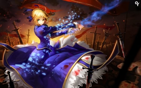 Saber - liang xing, fate stay night, saber, anime, girl, blue, manga