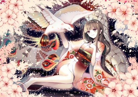 Peacock girl - girl, white, peacock, okotoburi, pink, red, anime, flower, manga