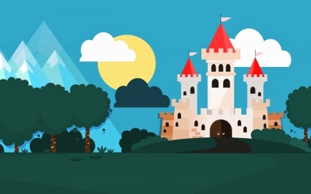 Castle - blue, vector, white, red, green, cloud, texture, sun, castle