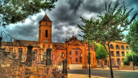 stone building with clock tower hdr - brown, building, gate, clock, hdr, stones, tower