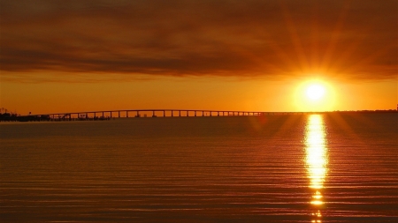 bay bridge under gorgeous sunset - sunset, orange, reflection, bridge, bay