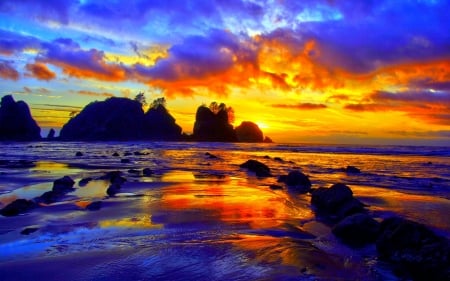 Ocean Sunset - clouds, trees, water, Washington State, Olympic National Park, ocean, Olympic Coast, Point of the Arches, sunset, sky, rocks