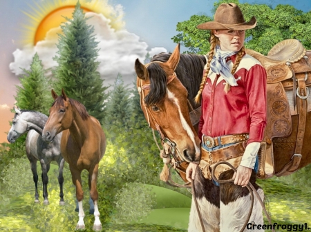 ON THE FARM - horses, creation, image, cowgirl