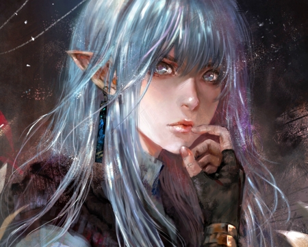 Kanata Kimura - face, portrait, kanata kimura, elf, innervalue, girl, blue, art, fantasy, hand, luminos, woman