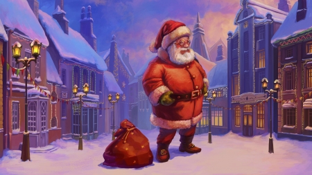 Santa Claus - house, game, winter, blue, snow, man, santa claus, street, christmas, fantasy, craciun, red, old, art, luminos