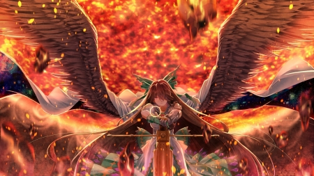 Reiuji Utsuho - anime, xuanlin jingshuang, reiuji utsuho, girl, angel, orange, manga, touhou, fire, red, wings