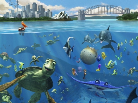 Finding Nemo (2003) - movie, water, animation, turtle, blue, city, disney, fish, pixar, finding nemo