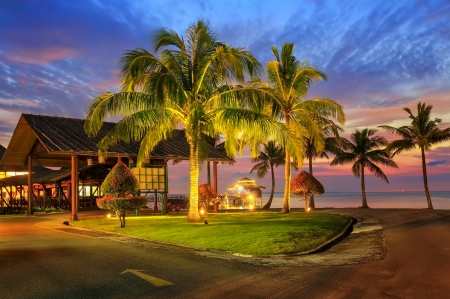 Tropical evening - palms, summer, romantic, beach, beautiful, evening, sea, ocean, tropical, exotic, dusk, restaurant