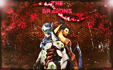 THE DRAGONS:GENJI & HANZO - Brothers, Over Watch, Japanese, Dragon, Bow, Hanzo, Flower, Red, Archer, Overwatch, Sepia, Video Games, Genji, Dragons, Ninja, Mask, Old picture, Pink