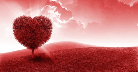 Love Tree - rays, heart tree, hills, clouds, heart, red, tree, sun rays