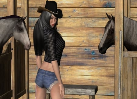 Cowgirl Stable - style, girls, women, models, hats, horses, brunettes, cowgirl, fun, 3d, barns, fashion, western, ranch, art, female, stable