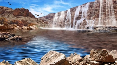 Waterfall - sky, cascades, landscape, river, eagles, rocks