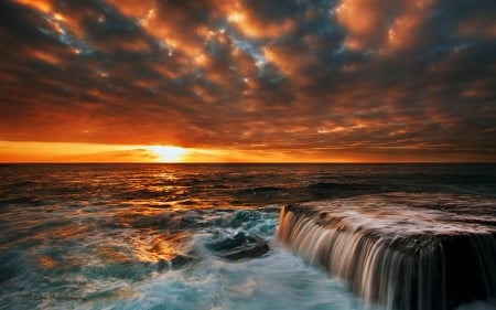 Sunset at Clovelly, England - sky, clouds, water, shelf, colors, sea