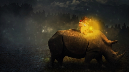 Take me home - take me home, girl, light, rhino, night, black, creative, fantasy, dark, paradiseofcreativity, lantern, yellow, animal, cute, little