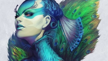 Peacock Queen - girl, fantasy, peacock, face, art, queen, luminos, blue, green, feather, powerslammer