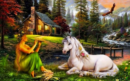 Peaceful evening - house, bird, girl, horse, home, mountain, fantasy, instrument, white, green, flute, unicorn, art, luminos