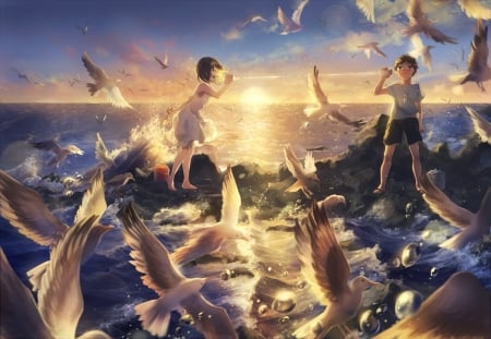 Summer fun - fun, bird, anime, yellow, blue, rock, girl, sea, domik, boy, manga, seagull, couple, wave