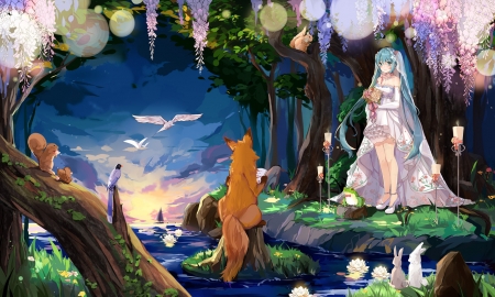 Hatsune Miku - hatsune miku, wedding, girl, summer, bride, bunny, fox, rabbit, forest, tagme, vocaloid, anime, animal, flower, manga