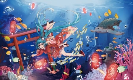 Hatsune Miku - hatsune miku, girl, summer, underwater, turtle, vocaloid, blue, pink, fish, anime, hnanati, sea, manga