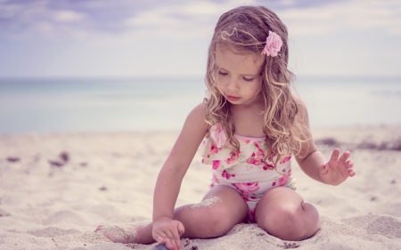 Little girl on the beach - beach, girl, summer, child, copil, pink, sand, sea, little