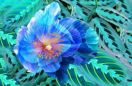 Blue poppy - summer, painting, art, luminos, blue, green, pictura, texture, flower, poppy