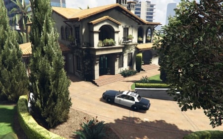 Grand Theft Auto V - cop car, video game, gta v, rockstar games, gta 5, grand theft auto 5, grand theft auto v, gaming, michaels house, open world, lspd, gta, game, house