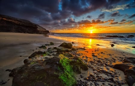 Sea sunset - sky, beach, sunset, rocks, coast, amazing, reflection, beautiful, sea