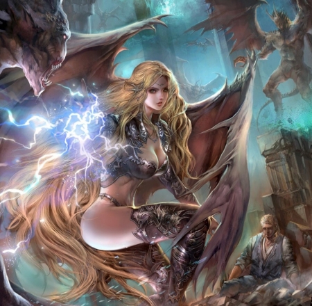 Valkyrie - woman, lady, lightnings, female, long hair, wings, wins, fantasy, armor, abstract, blonde hair, blue, beautiful, fantasy woman