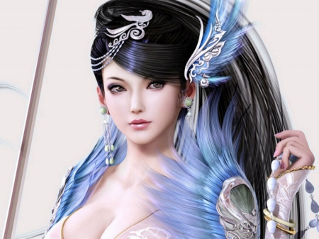 Beauty - beauty, princess, girl, frumusete, fantasy, asian, face, white, game, hand, blue, feather