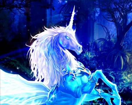 Unicorn - fantasy, white, blue, unicorn, horse, luminos