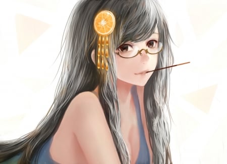 Girl - bou nin, anime, girl, jewel, orange, manga, slice, glasses, fruit