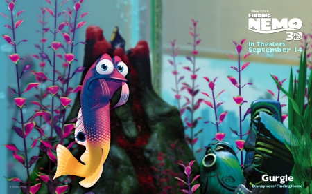 Finding Nemo (2003) - animation, water, yellow, blue, gurgle, pixar, flower, finding nemo, purple, movie, disney