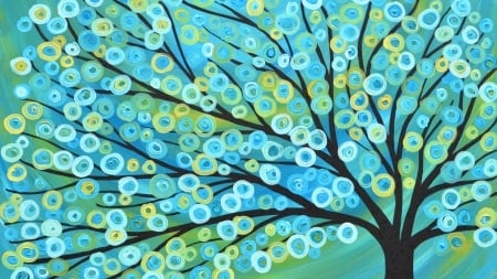 Tree - flower, pictura, yellow, tree, painting, blue, art, green