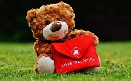 Happy Mother's Day! - brown, letter, grass, love, toy, red, green, teddy bear, cute, mother, card, day