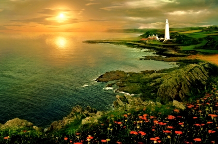 Sunset over the Ocean - Ocean, Sunset, Lighthouse, Sea