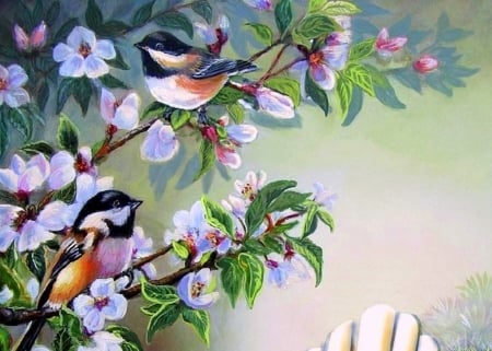 Chickadees in Garden - birds, summer, paintings, spring, flowers, garden, love four seasons, chickadees, draw and paint, animals