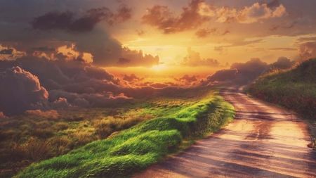 road to the clouds in sunrise - hill, clouds, sunrise, grass, road