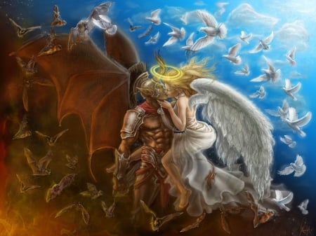 The Dark and the Light Side - doves, angel, warrior, artwork, dragons