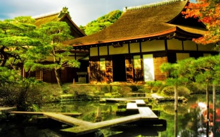 Chinese Temple - path, trees, pond, building