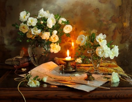 Still life - pretty, vase, delicate, romantic, book, violin, beautiful, candle, lovely, still life, bouquet, peonies, flowers, music