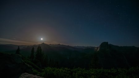 moon rising over mountain range - mountains, moon, range, stars, halo