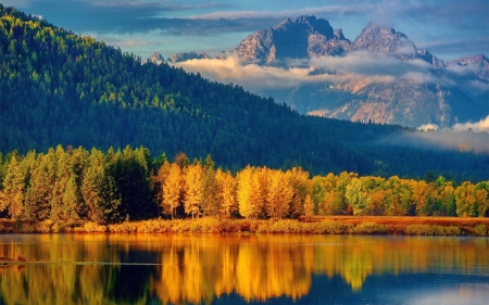 Riverside - river, trees, mountains, autumn