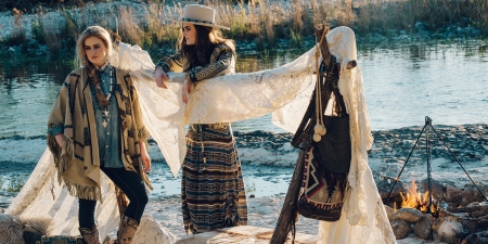 Cowgirl Fashion - hat, water, boots, wood, dress, blonde, weeds, campfire, cowgirls, purses, fire, flames, brunette, rocks