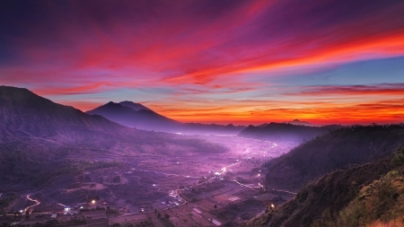 red sky over indonesian valley - clouds, fields, red, mist, mountains, valley, sky