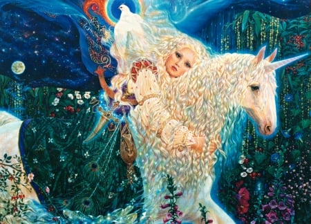 Dreamy unicorn - blue, girl, copil, horse, child, fantasy, white, unicorn, art, luminos, elizabeth kyle