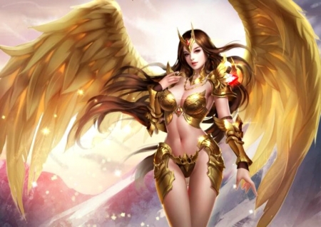 Angel - feather, xiong jiajie, game, girl, wings, fantasy, golden, woman, angel